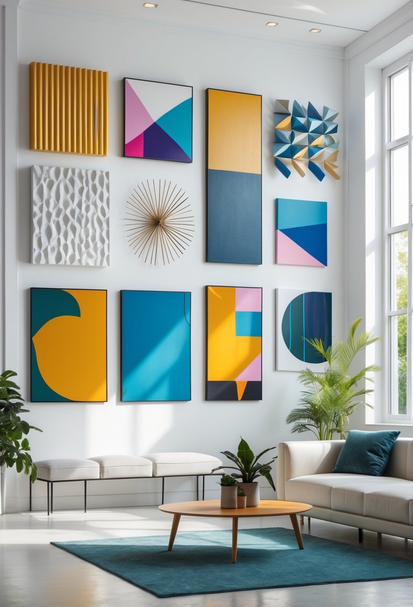 A modern living room with various contemporary wall art pieces displayed on white walls, including sculptures, paintings, and prints, with natural light and stylish furniture.