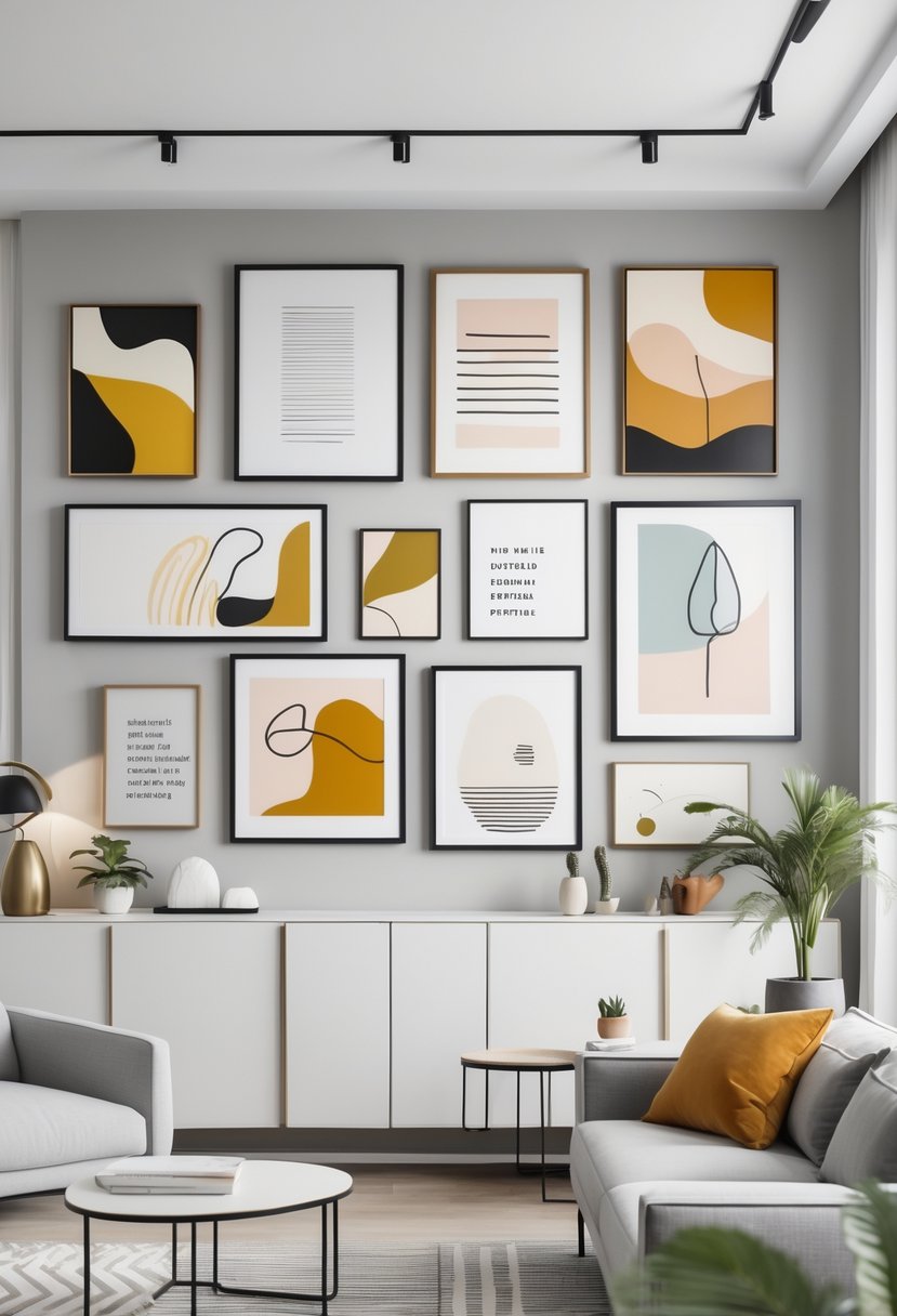 A modern living room with a curated collection of diverse wall art pieces arranged on a bright, neutral-colored wall.