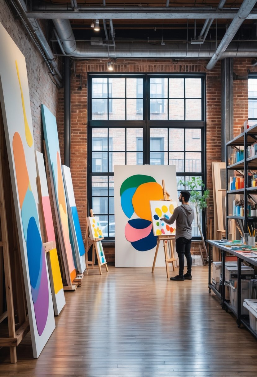 Interior of an art studio with colorful abstract paintings, an artist working, and art supplies around.