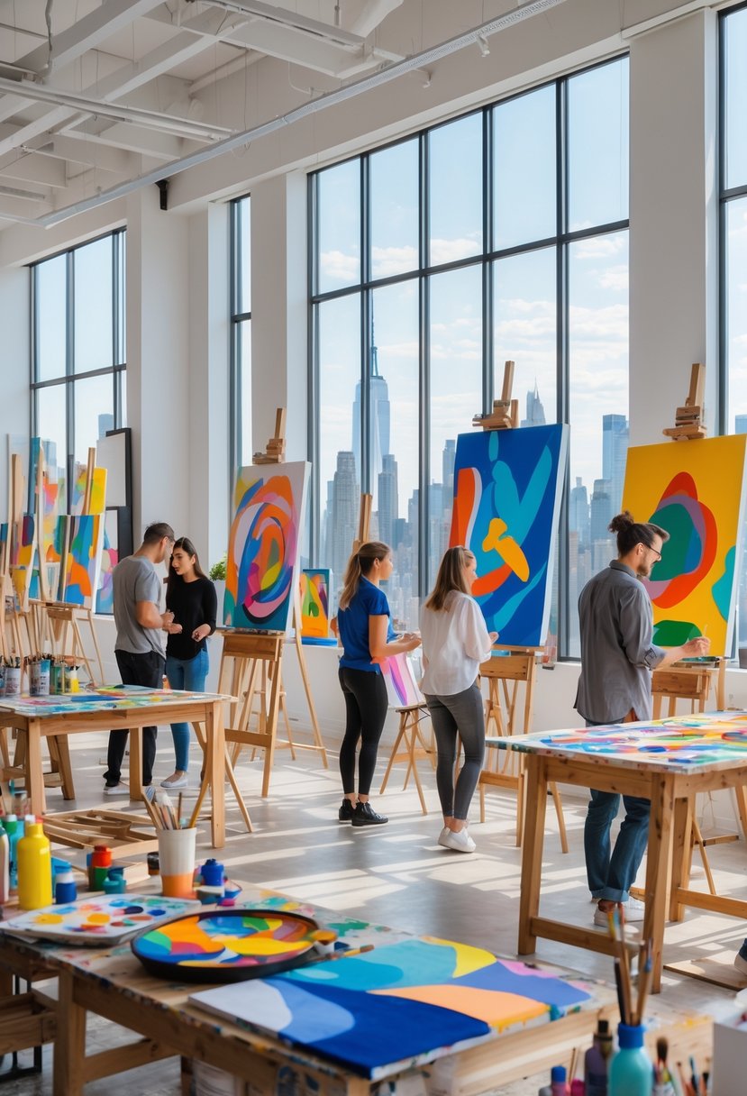 Artists working in a bright, spacious art studio with colorful paintings and city skyline visible through large windows.