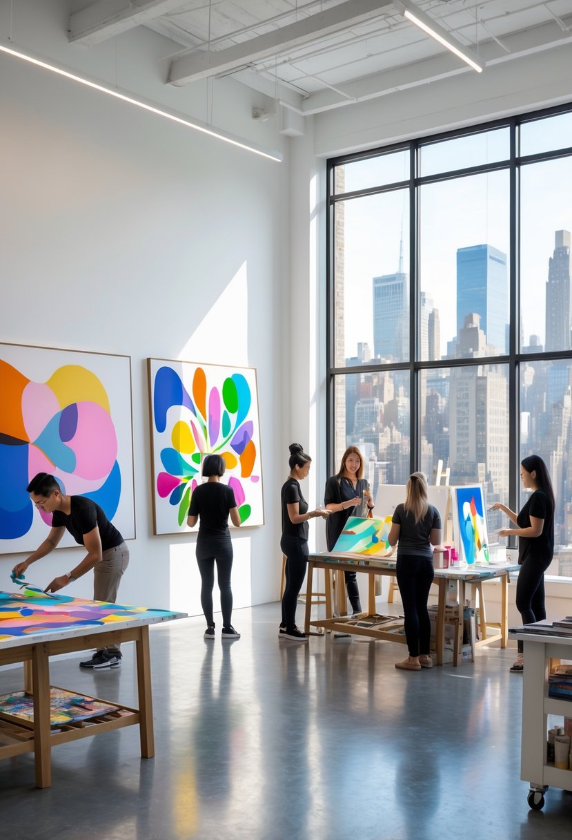 A bright art studio with artists working on colorful abstract paintings and large windows showing a city view.