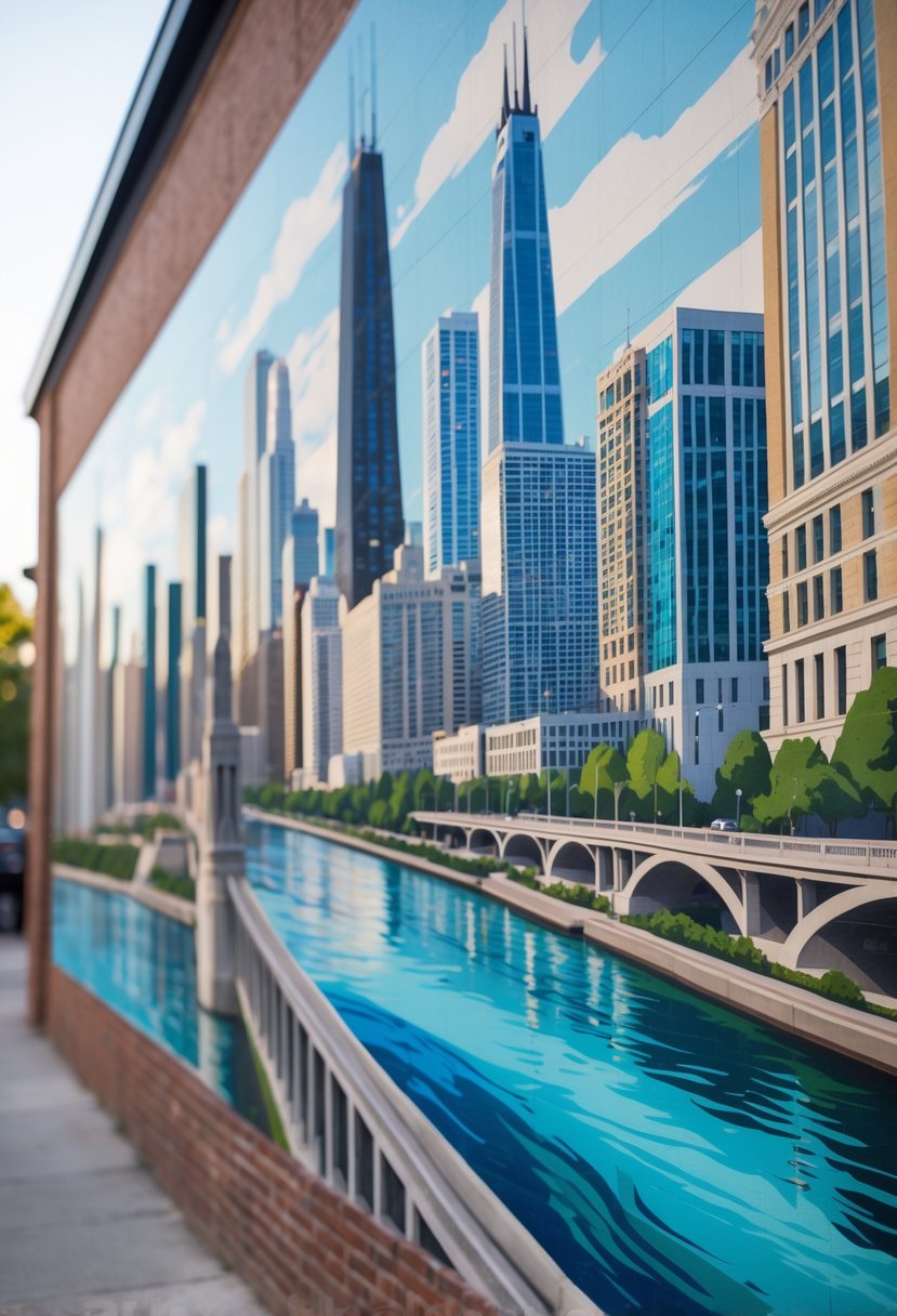 A colorful mural of Chicago landmarks painted on an outdoor brick wall.