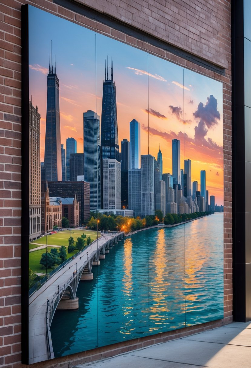 A detailed mural on a brick wall showing famous Chicago landmarks and cultural elements.