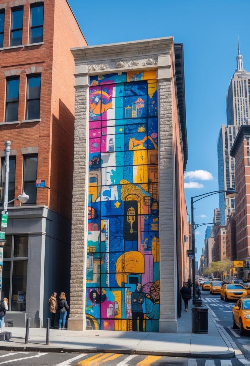 A colorful mural on a brick wall in a busy New York City street with pedestrians and yellow taxis nearby.