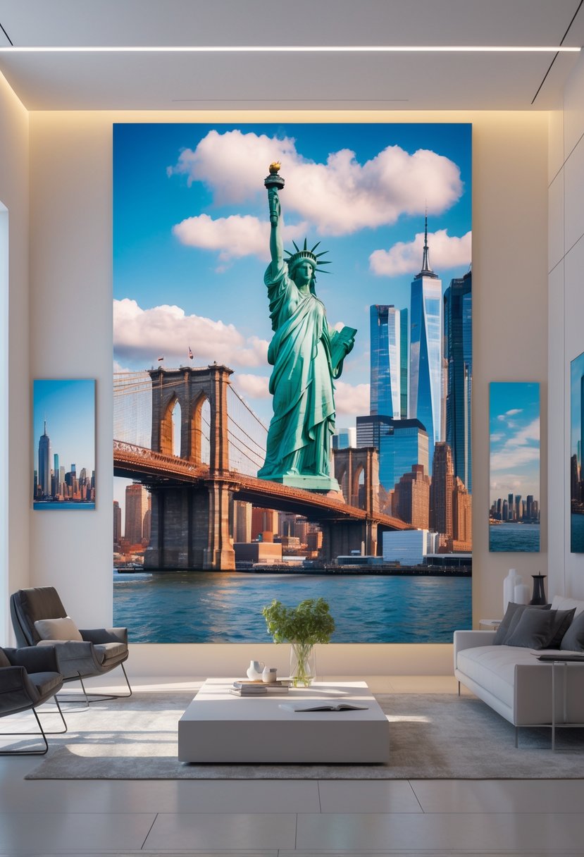 A well-lit modern room with large colorful New York-themed wall art featuring the Statue of Liberty, Brooklyn Bridge, and Manhattan skyline.