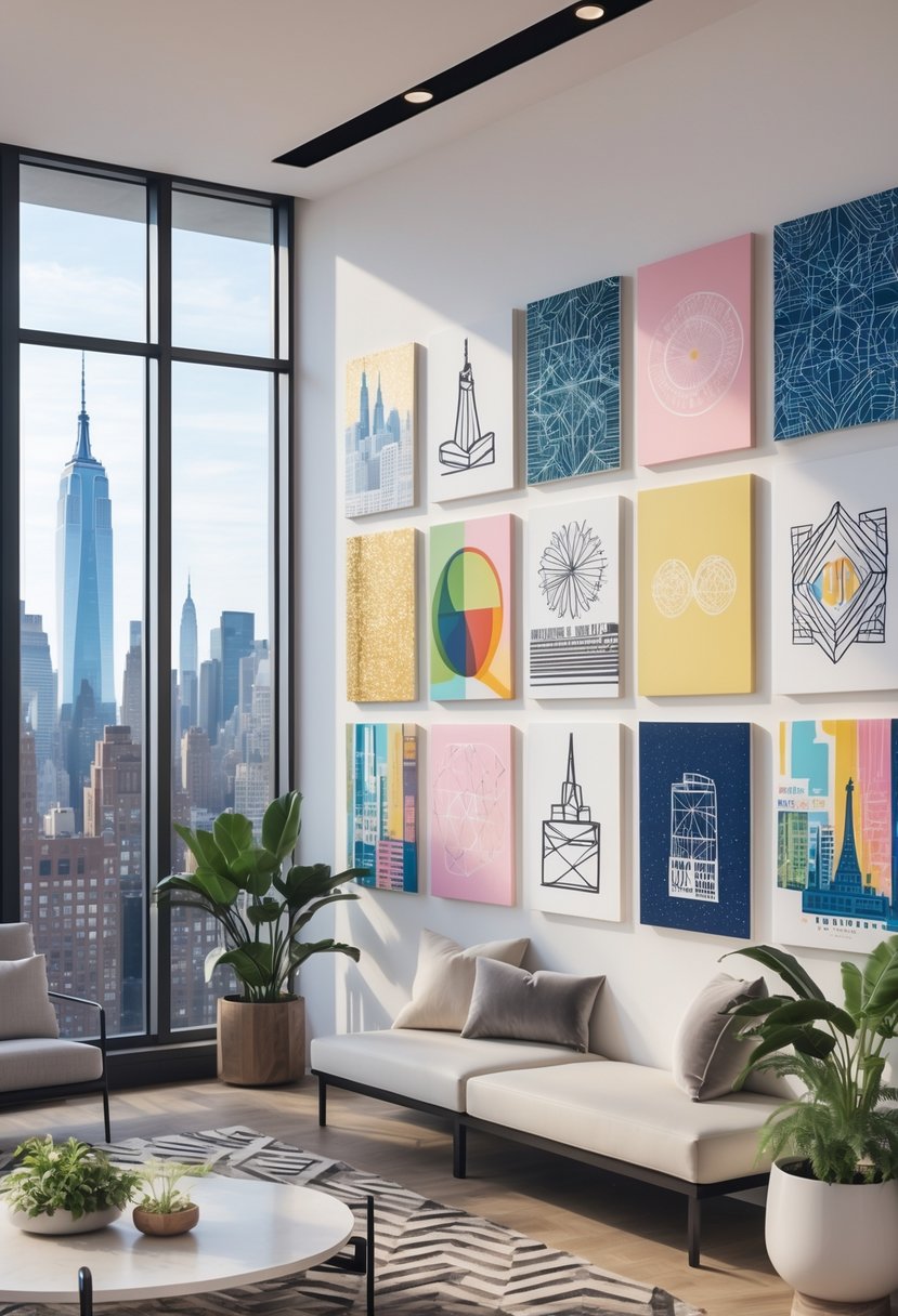 A modern living room with large windows showing a city skyline, featuring a white wall decorated with various colorful and abstract artworks.