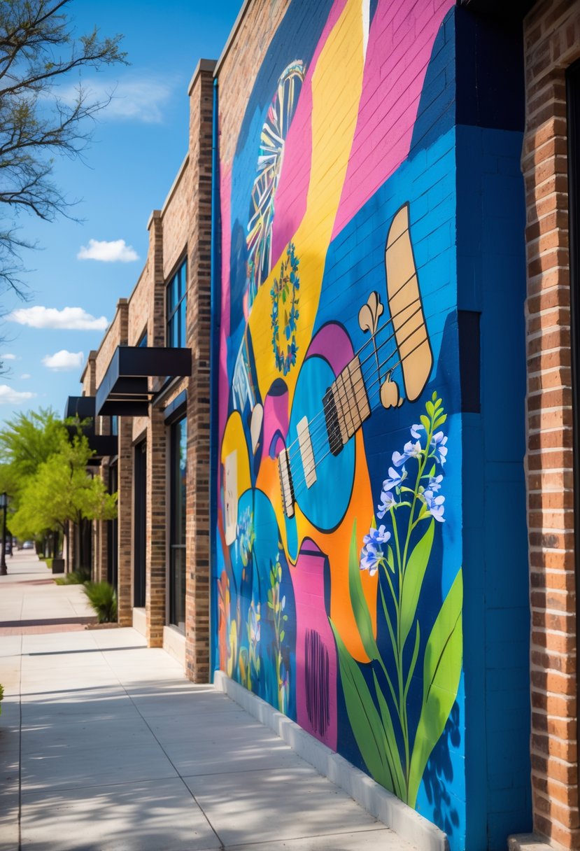 A colorful mural on a brick wall featuring musical instruments and local flowers in an urban outdoor setting.