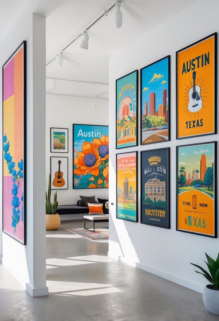 A bright interior space displaying several framed artworks on white walls, featuring colorful and varied designs inspired by Austin.