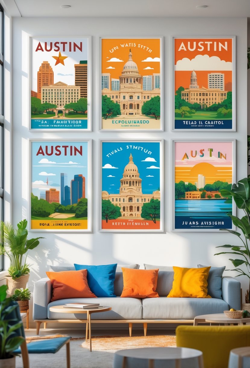 Living room with Austin-themed wall art displayed above a sofa, featuring city landmarks and nature scenes.