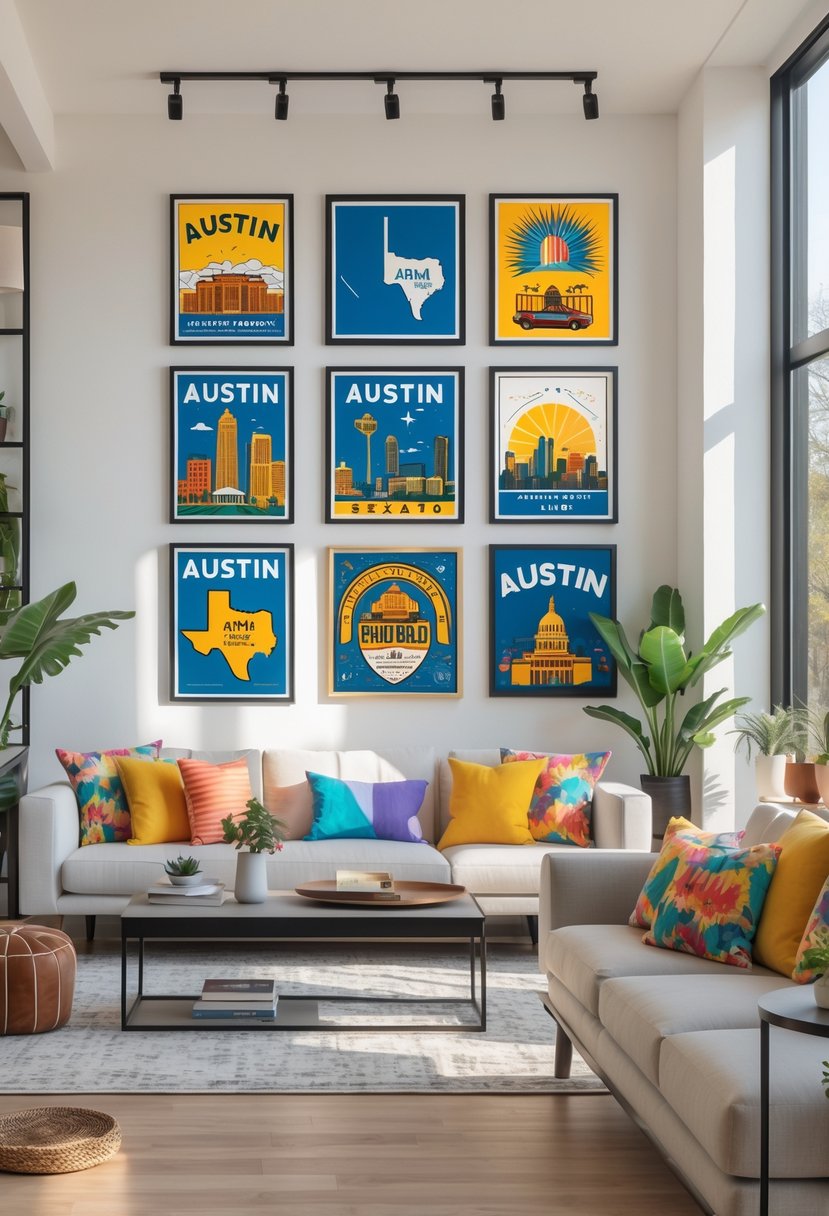 A modern living room with framed Austin-themed wall art featuring city skyline and musical instruments on a white wall.