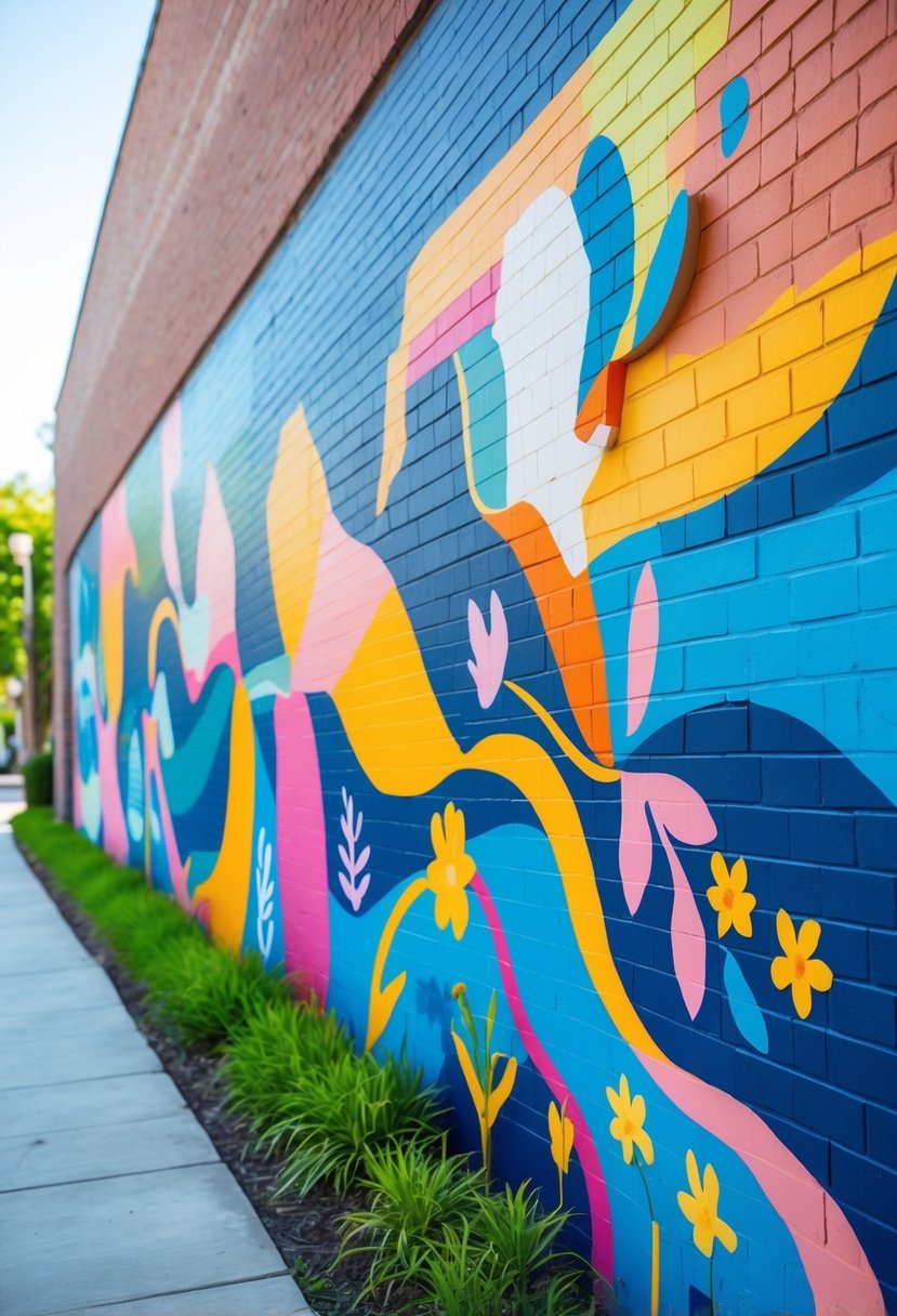 A colorful mural painted on a large outdoor brick wall with flowers, leaves, and birds.