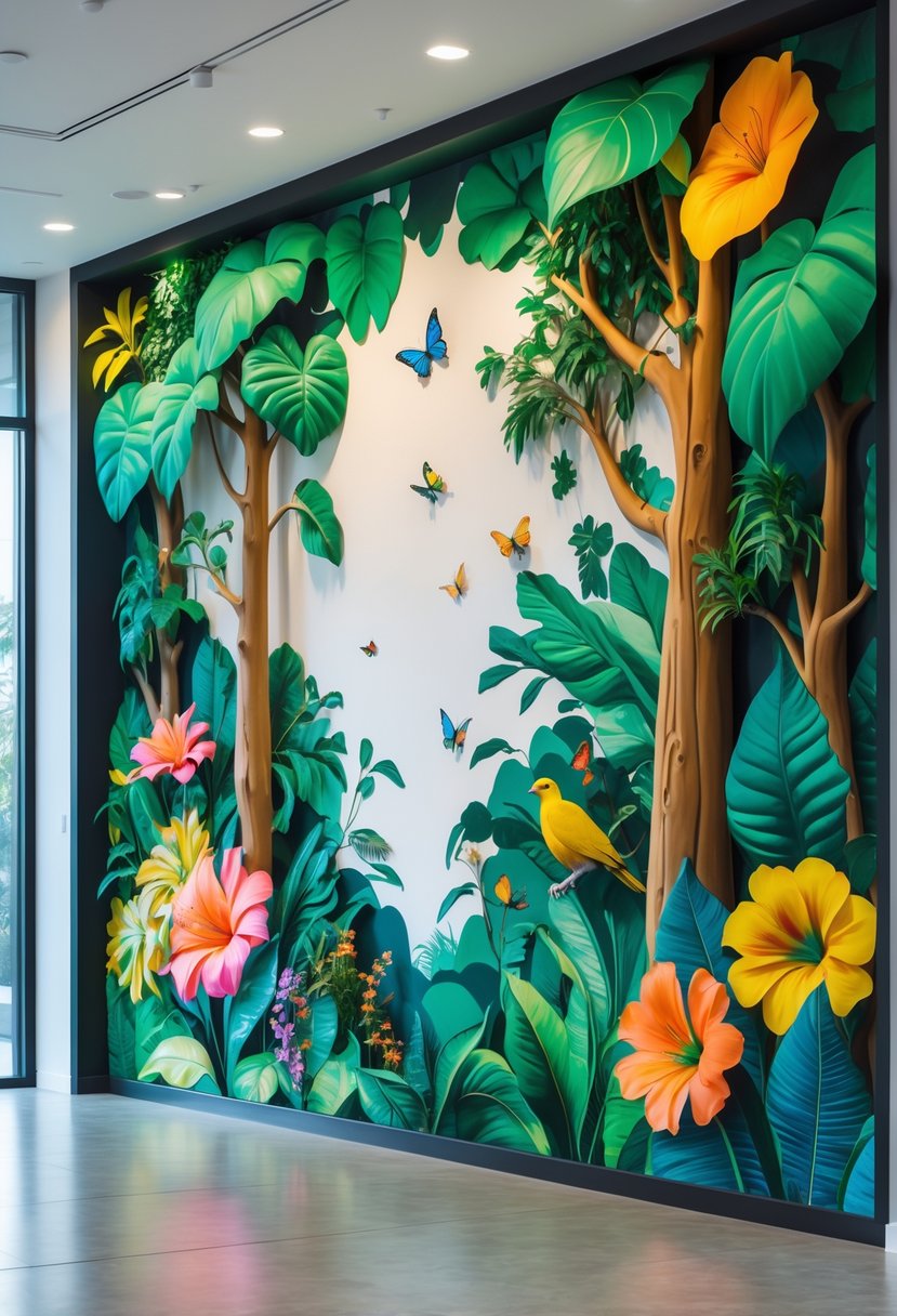 A large indoor wall covered with a colorful mural depicting lush green leaves, flowers, trees, and wildlife.
