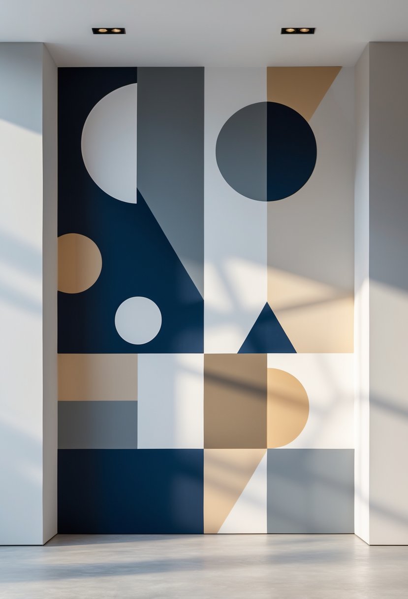 A large abstract geometric mural with bold shapes and muted colors on a clean modern wall.