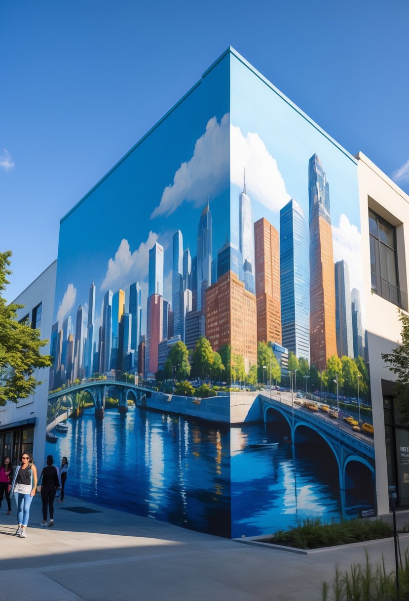 A large mural of a city skyline painted on the side of a building in an urban street setting.