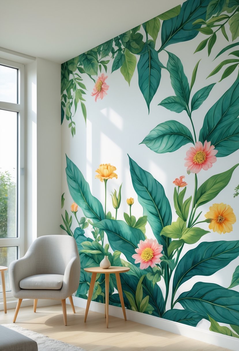 A bright room with a wall covered in a colorful botanical peel and stick removable wallpaper mural, with a wooden side table and armchair nearby.