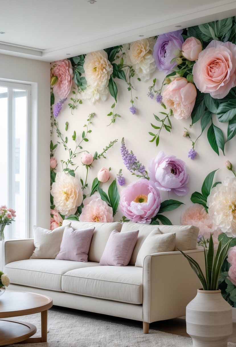A living room with a large floral wall mural featuring pastel-colored flowers and green leaves covering an entire accent wall.