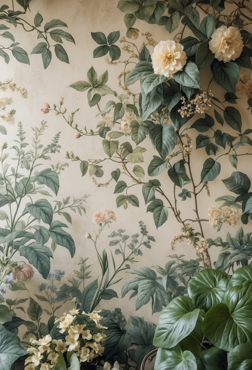 A wall covered with detailed illustrations of plants, flowers, and leaves in natural colors.