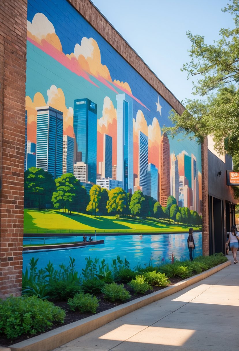A colorful mural of Houston landmarks painted on a brick wall in an urban area with people nearby.