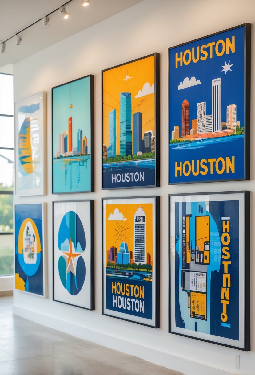 A gallery wall displaying multiple framed artworks inspired by Houston's cityscape and culture.