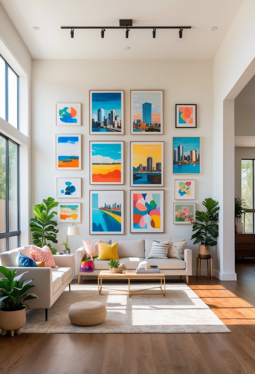 A modern living room with a gallery wall of framed artworks above a sofa, sunlight coming through large windows, and green plants nearby.