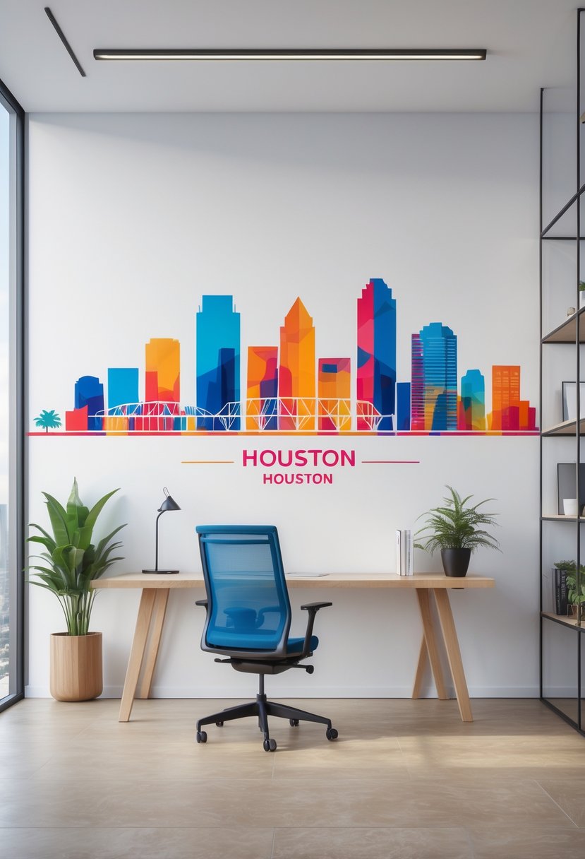 A modern office interior with a colorful abstract wall art of Houston's skyline on a white wall, featuring a wooden desk, chair, and potted plants.