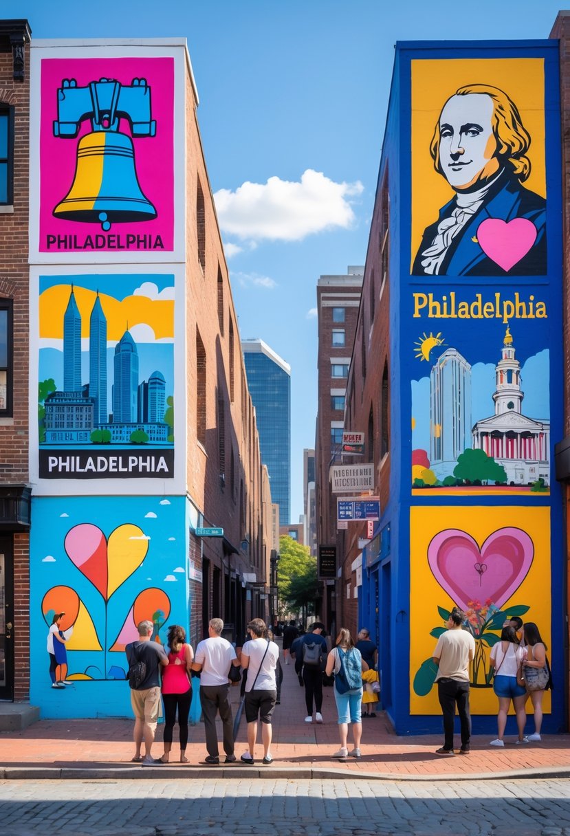 Six colorful Philadelphia murals displayed outdoors with people walking and admiring them on a sunny city street.