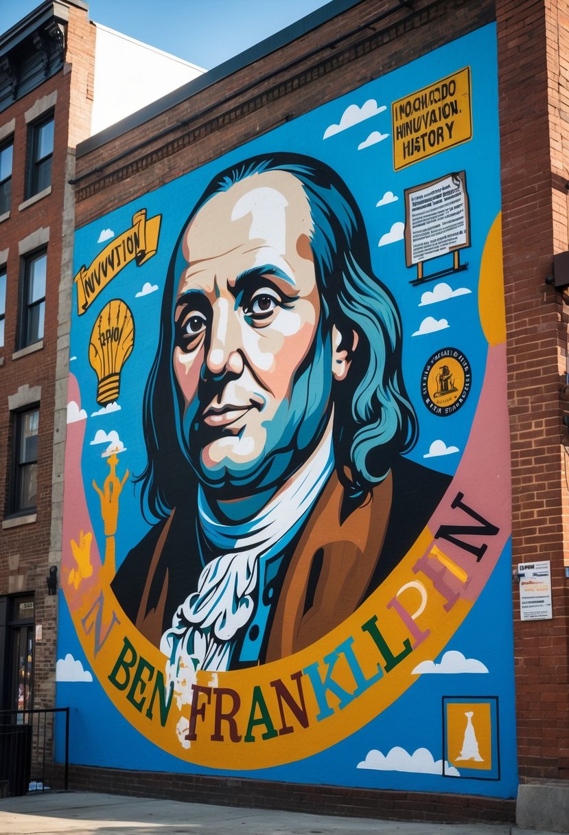 A large colorful mural of Ben Franklin painted on a city wall in Philadelphia.