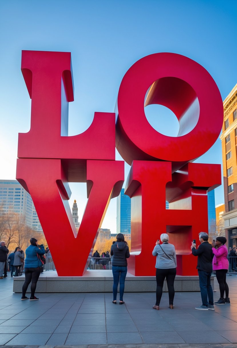 The red LOVE sculpture by Robert Indiana in an outdoor plaza with people around and city buildings in the background.
