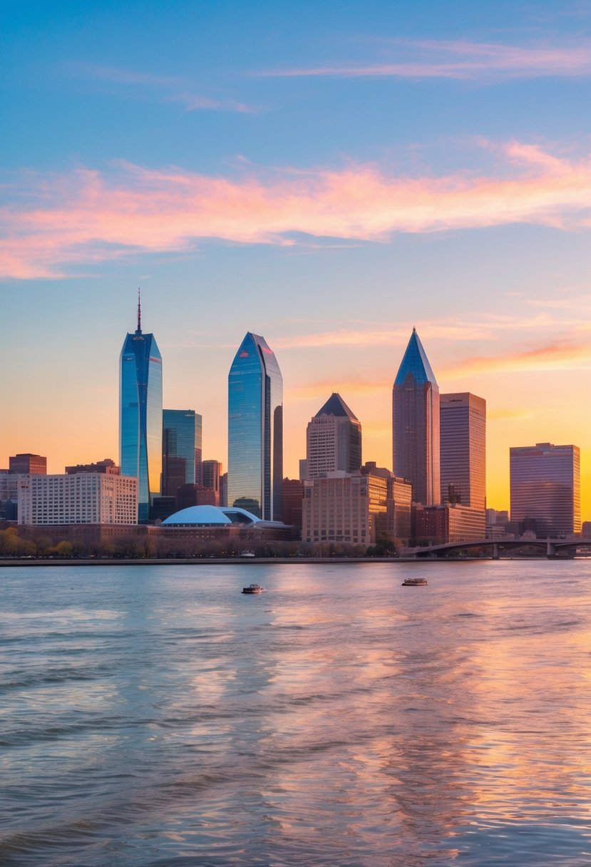 View of the Philadelphia skyline with skyscrapers and a river in the foreground during sunset.