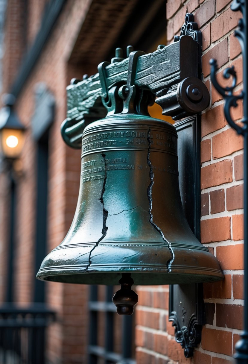 Close-up view of a Liberty Bell replica mounted on a brick wall in Philadelphia.