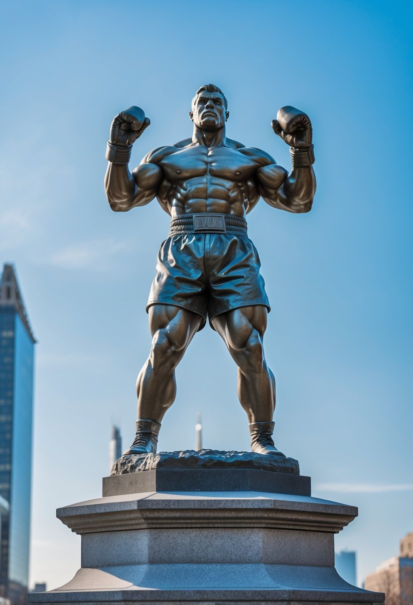 Bronze statue of a boxer with raised fists standing on a pedestal outdoors against a clear sky.
