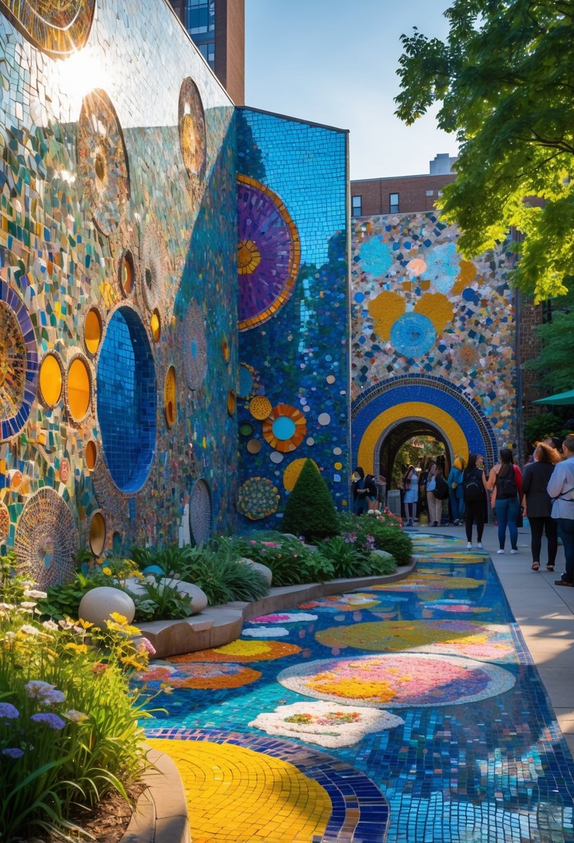 A colorful outdoor mosaic art installation with intricate patterns and reflective surfaces surrounded by greenery and visitors.