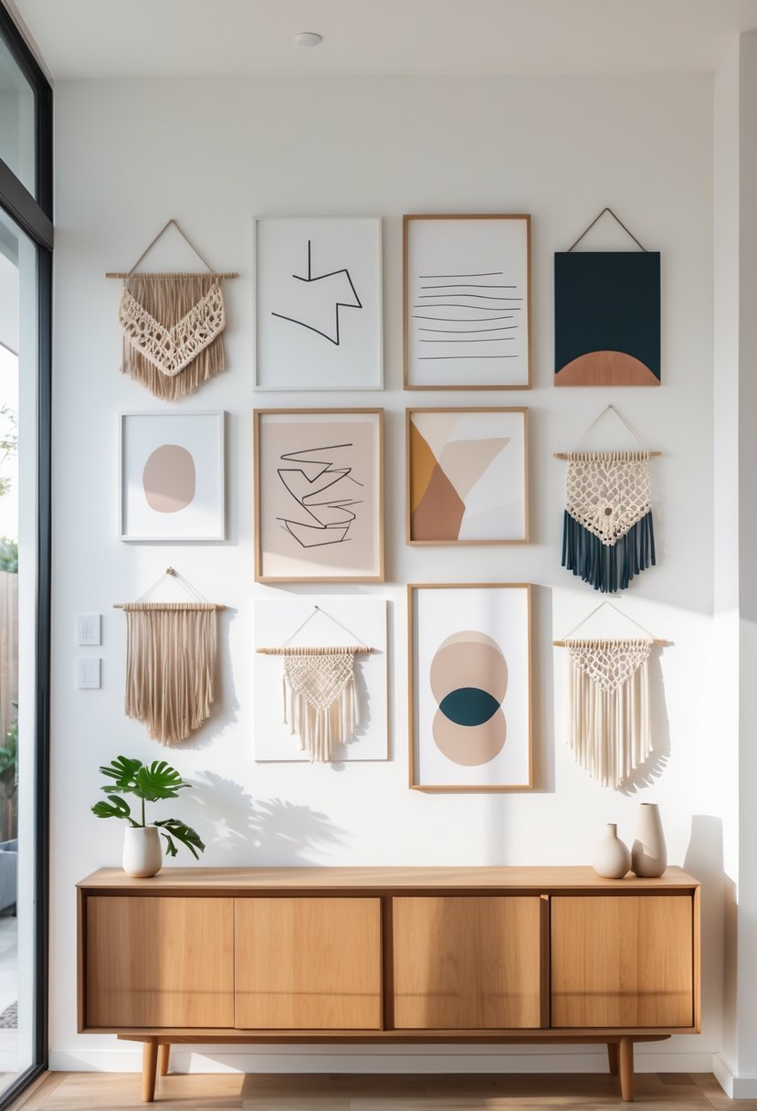 A modern living room wall displaying seven different pieces of simple DIY wall art above a wooden console table with decorative objects.