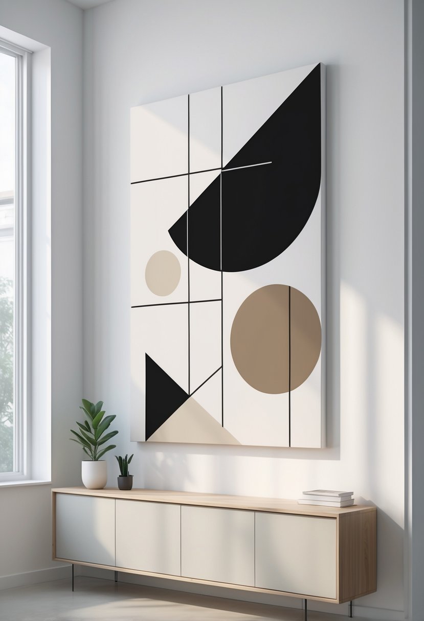 A bright room with a large geometric canvas art hanging on a white wall above a wooden console table with a small plant and books.