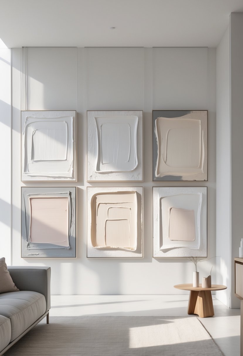 A modern living room wall displaying several textured abstract paintings with thick paint strokes in neutral colors, surrounded by simple furniture and natural light.