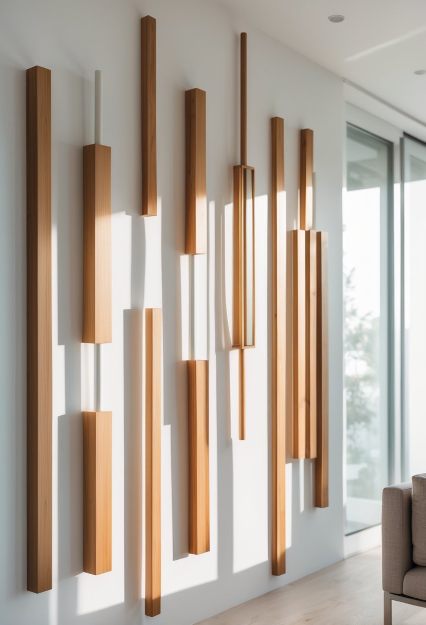 Wooden dowels arranged in geometric patterns on a neutral wall in a bright modern room.