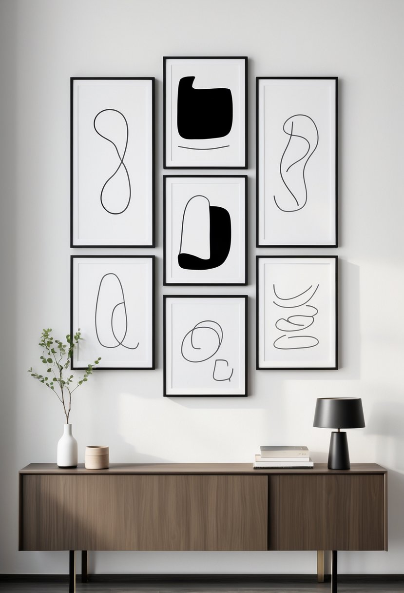 A modern living space with seven black and white framed ink drawings on a white wall above a wooden console table holding a vase, books, and a lamp.
