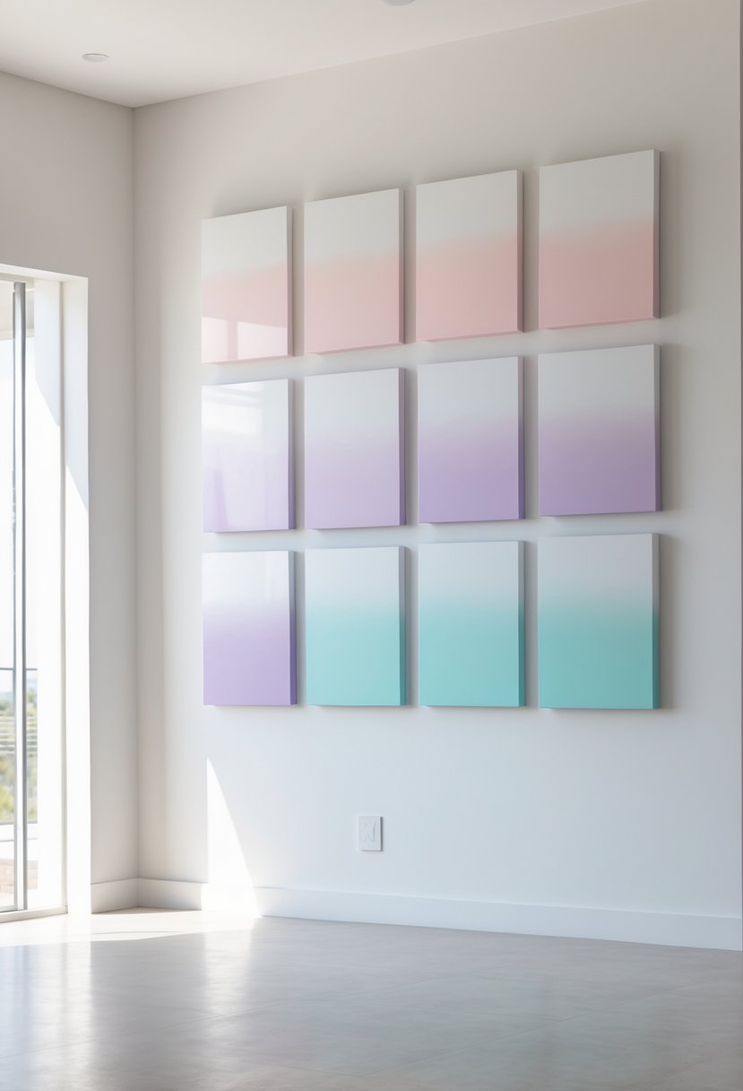 Seven colorful gradient canvases arranged on a clean wall in a modern living space.