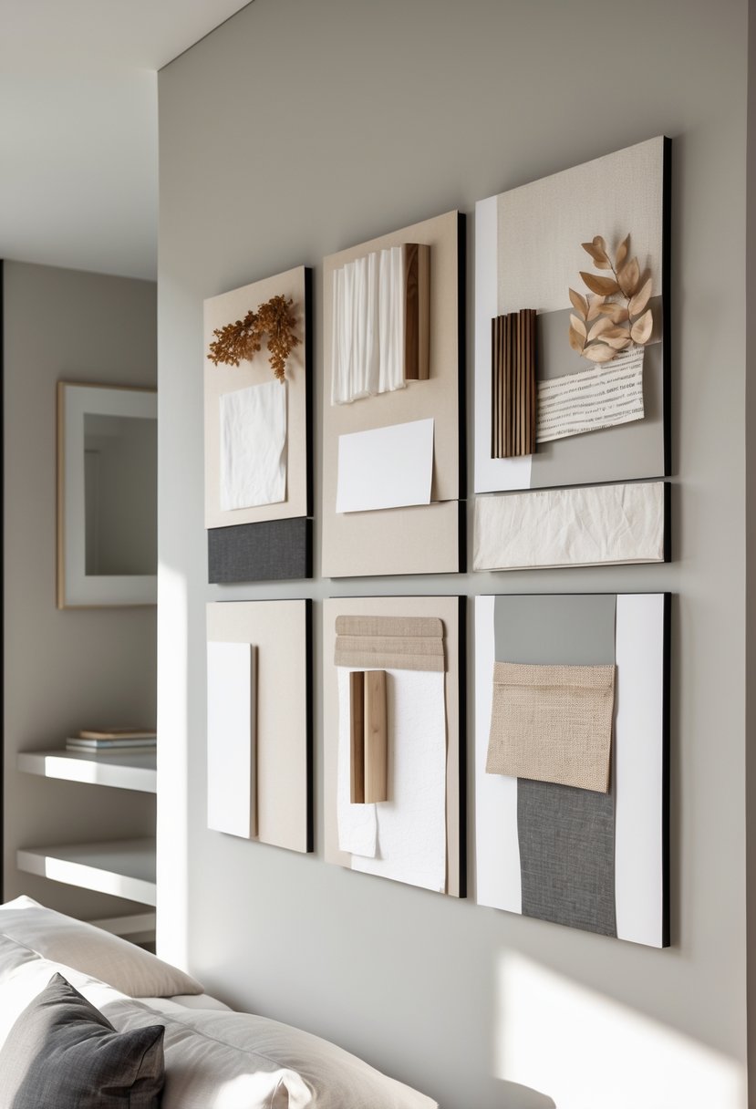 A modern living room wall decorated with a grid of simple collage panels featuring various textured materials and natural elements.