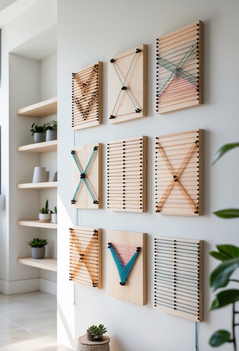 A wall displaying seven simple string art pieces with geometric patterns in a bright, modern room.
