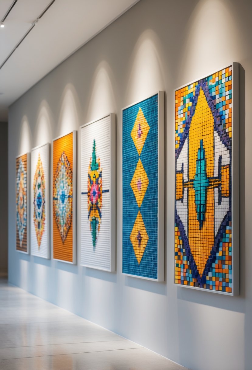 Six colorful mosaic wall art pieces displayed side by side on a gallery wall.
