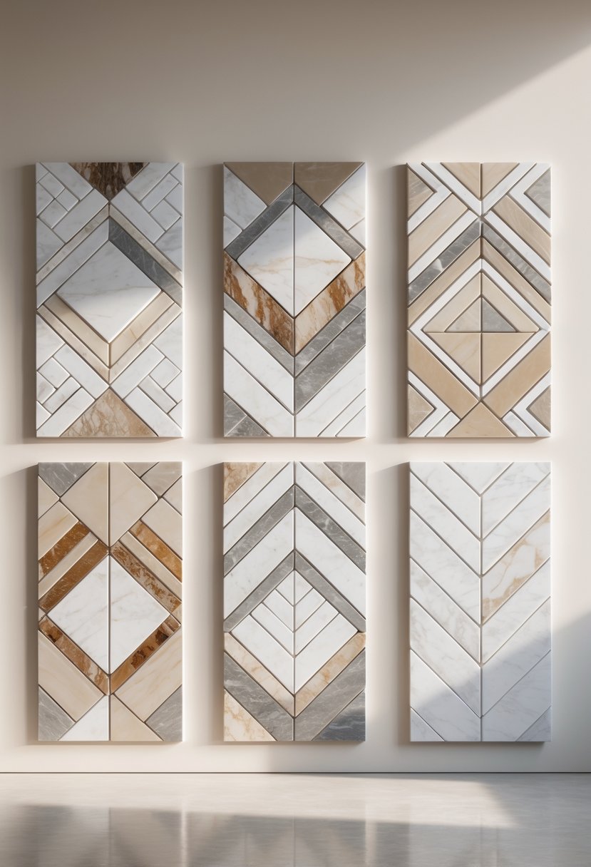 Six marble mosaic wall art pieces arranged on a plain wall.