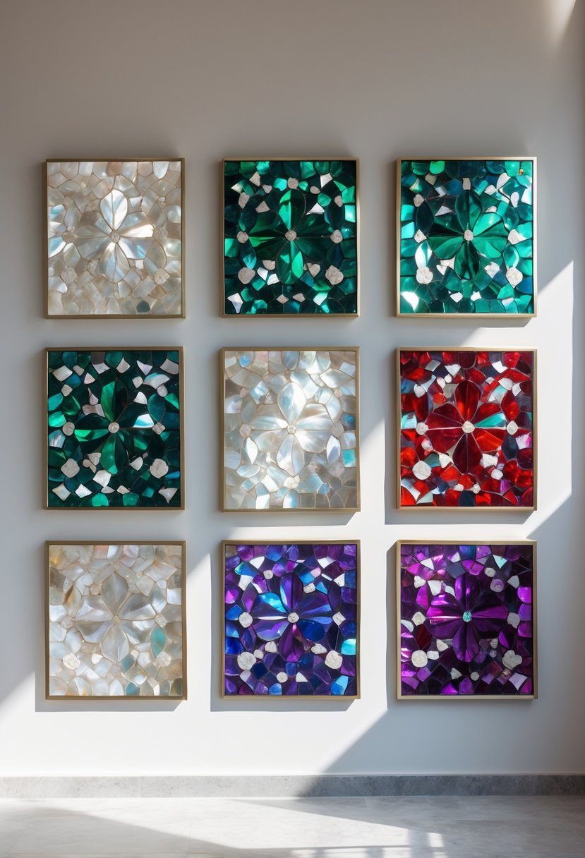 Six mosaic wall art panels made of jewel-tone mother of pearl arranged on a neutral wall.