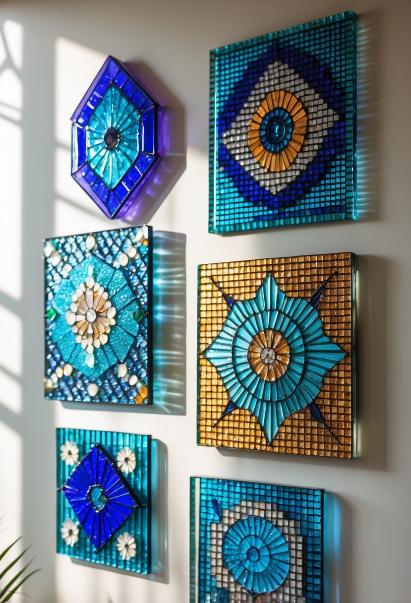 Six colorful glass mosaic wall art pieces displayed against a plain background.