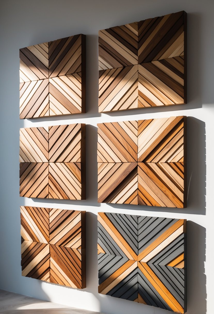 Six wooden mosaic panels with geometric patterns arranged on a wall.