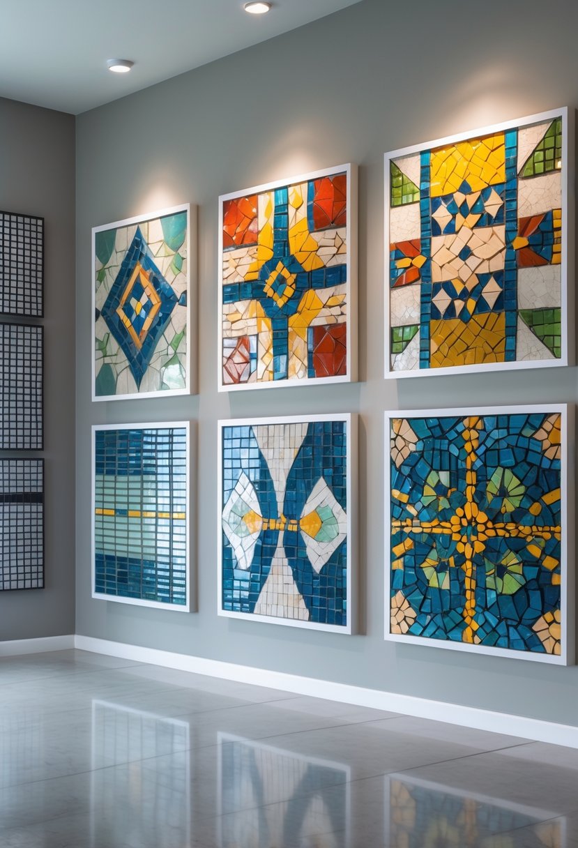 Six colorful abstract mosaic wall art pieces displayed on a clean gallery wall.