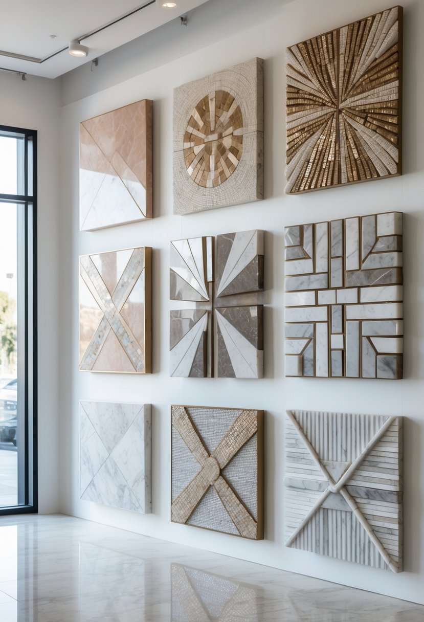An interior view of a store wall displaying six marble mosaic artworks arranged in a row.