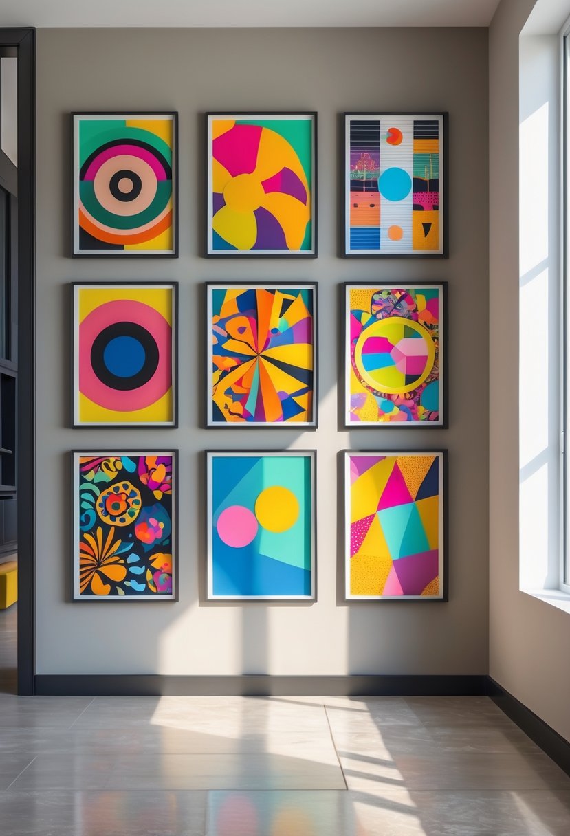 A wall displaying eight colorful and abstract pieces of art arranged in a gallery style in a modern living room.