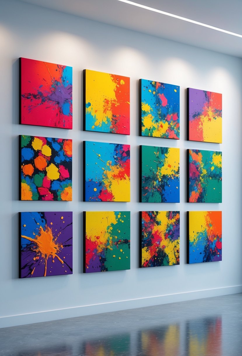 Eight colorful abstract canvas prints displayed on a white wall in a modern interior.