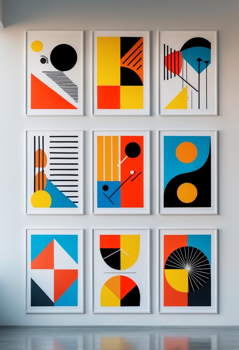 Eight colorful abstract geometric art posters arranged in two rows on a white wall.